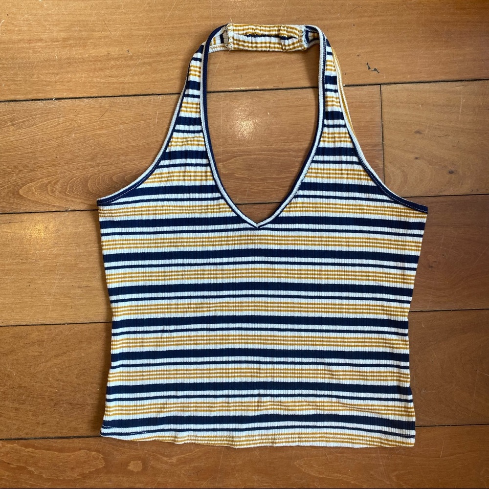 Blue and white striped halter crop top, size L